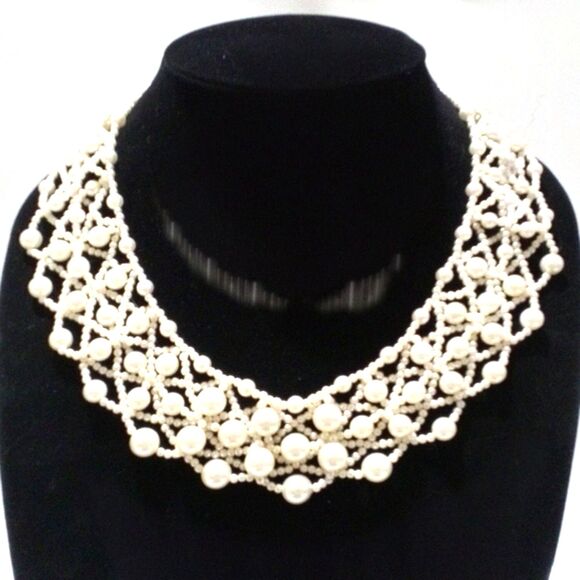 Vintage White Faux Pearl Woven Choker Collar Style Beaded Necklace - Picture 1 of 5